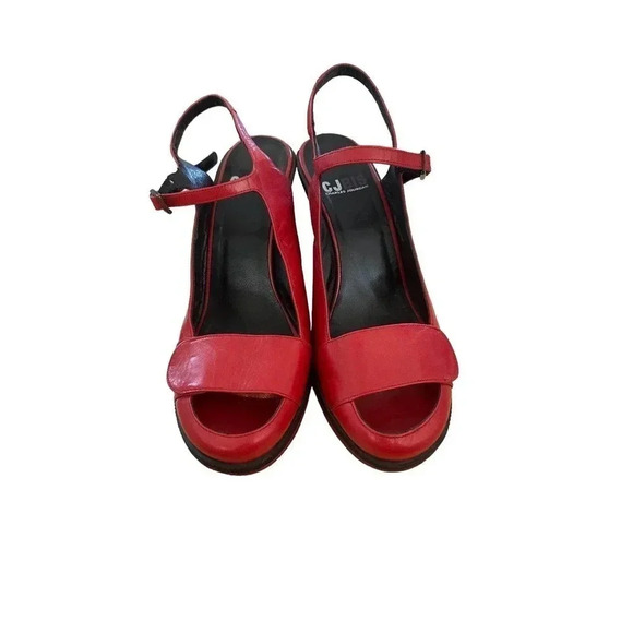 Charles‎ Jourdan Red Black Leather Wedge Heel Slingback Sandals Size 8.5M - Picture 1 of 11